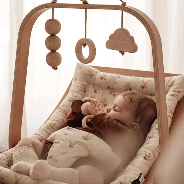 The Heritage Wooden Baby Rocker | Sustainable Cotton & Natural Wood Bouncer