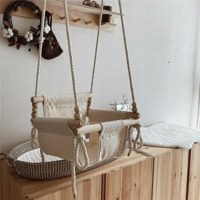 Luxury Indoor Canvas & Wooden Baby Swing – Minimalist Nursery Hanging Chair